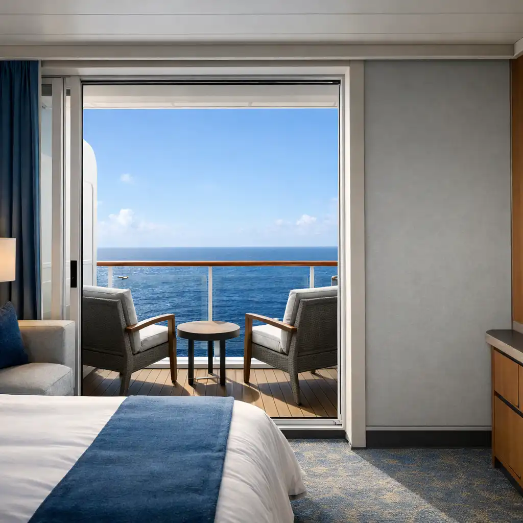 Balcony cruise ship cabin with sliding glass doors open to a private balcony overlooking the ocean