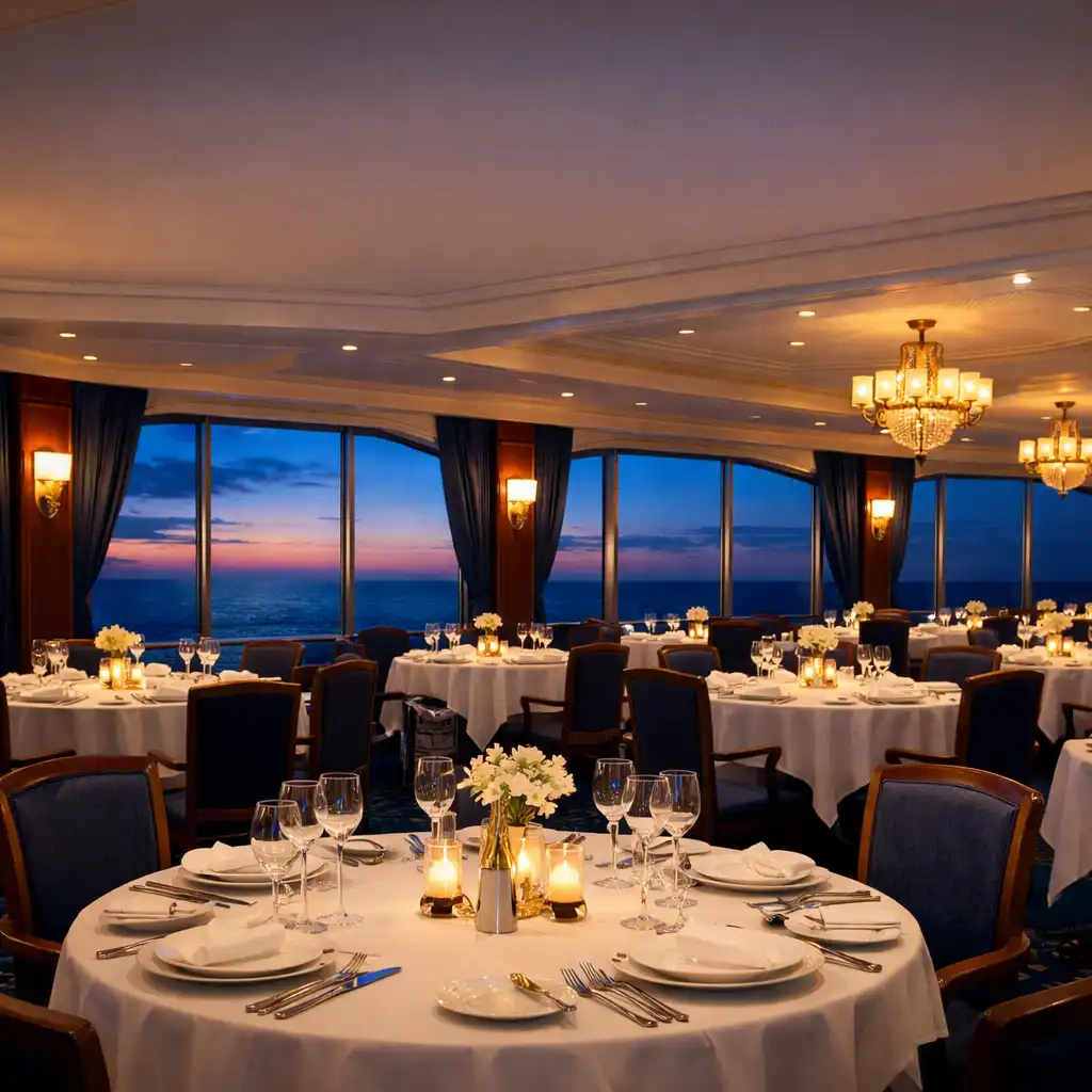 Elegant main dining room on a cruise ship with white tablecloths and ocean views at dusk