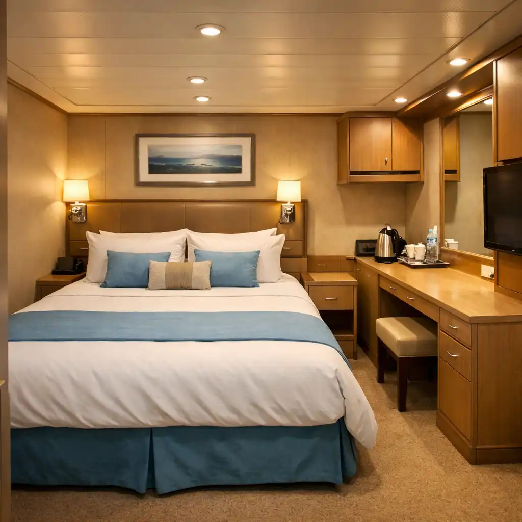 Compact interior cruise ship cabin with a neatly made bed and small desk