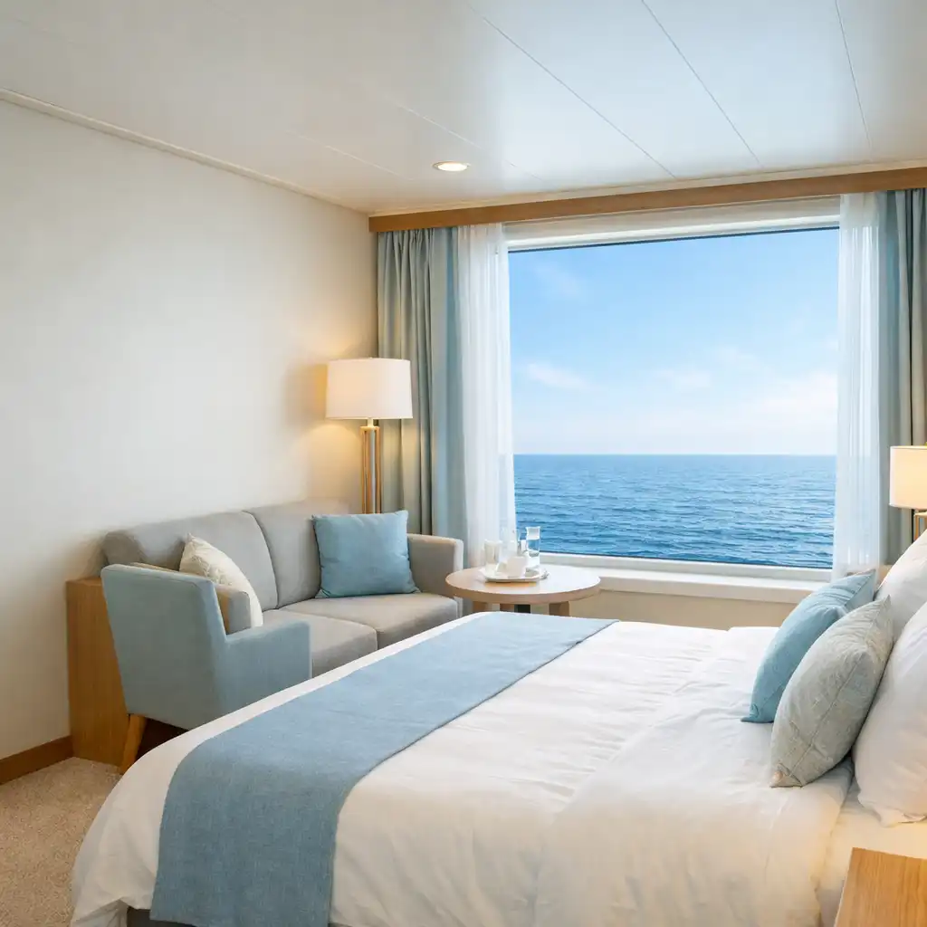 Oceanview cruise ship cabin with a large picture window showing a calm sea