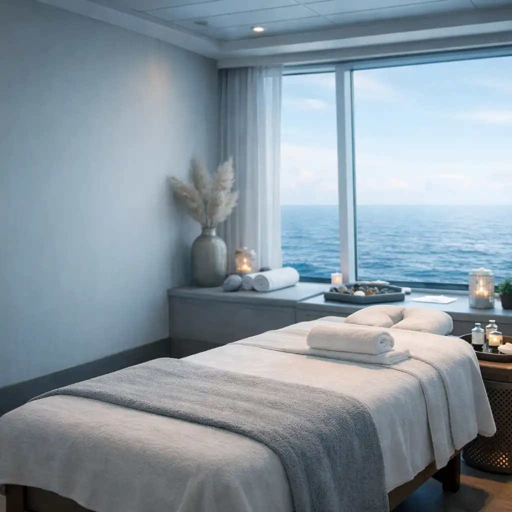Serene spa area on a modern cruise ship with a massage table and ocean view through a large window