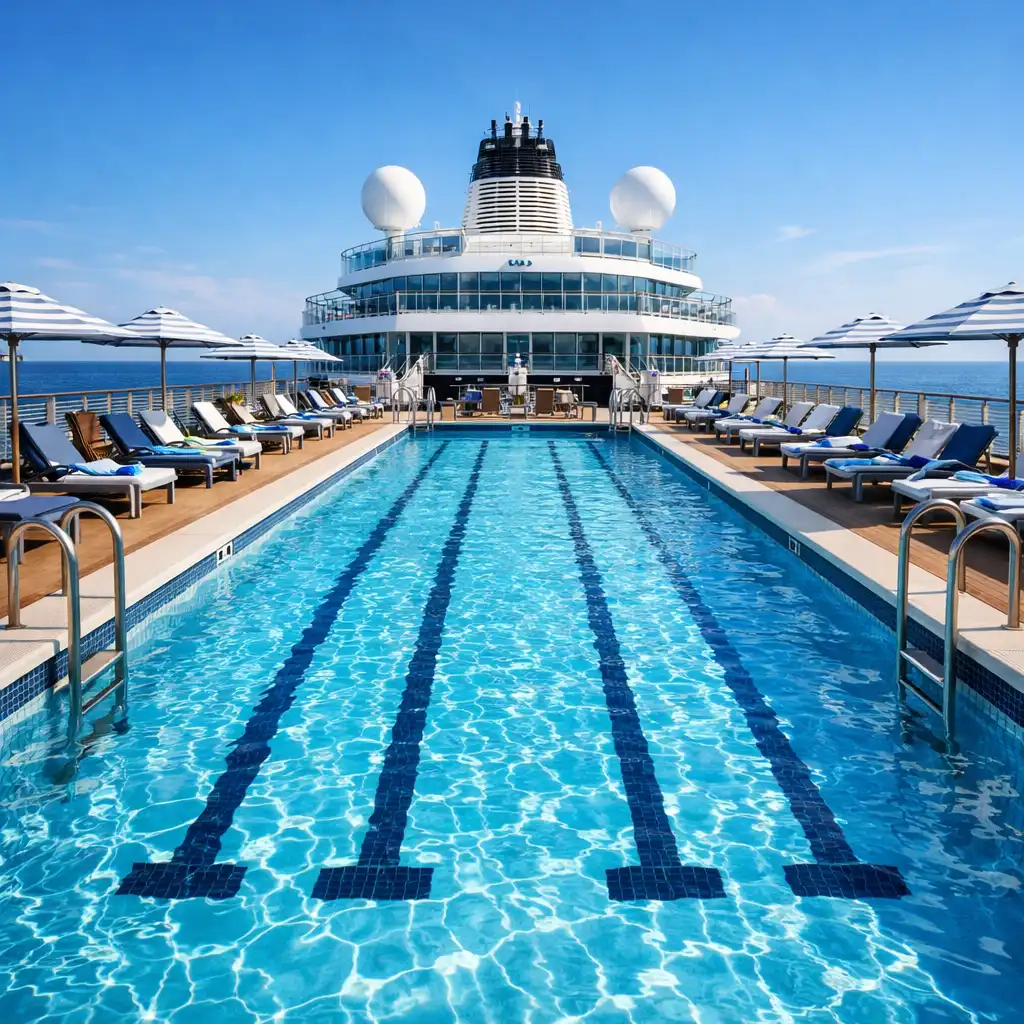 Cruise ship pool deck with a clear lap pool, loungers, umbrellas, and ocean horizon in the background