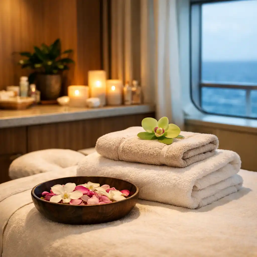 Close-up of a spa treatment room on a cruise ship with a massage table, folded towels, and flower petals