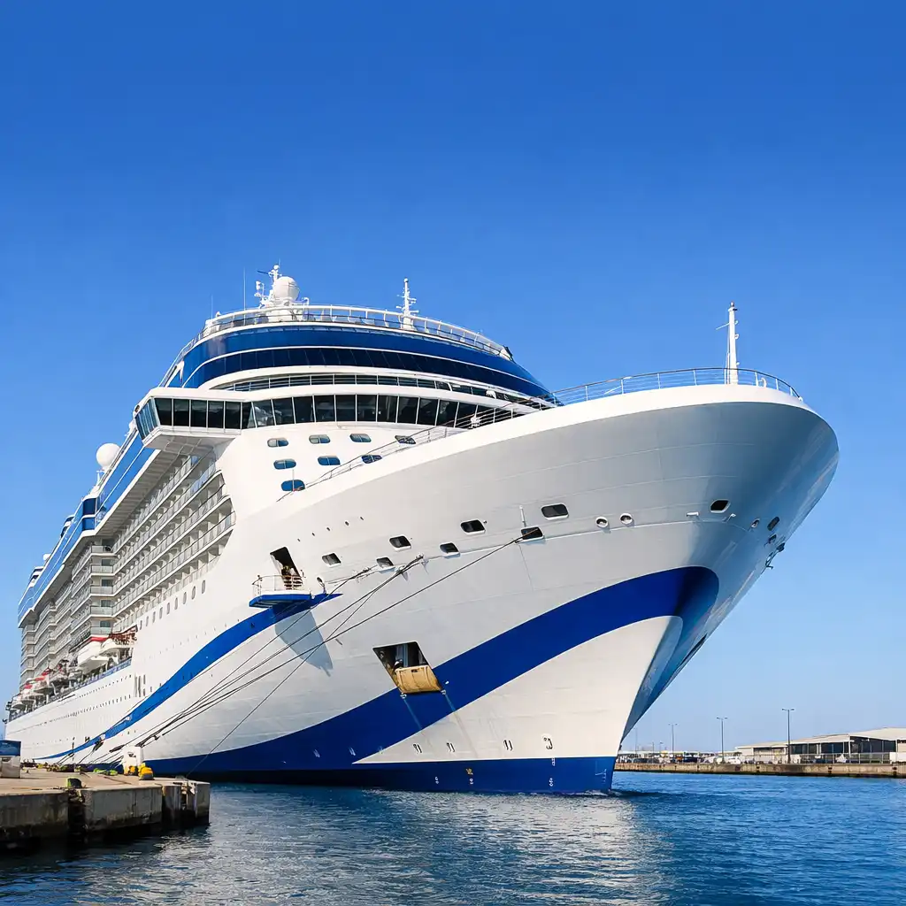 Large modern cruise ship docked at a sunny port