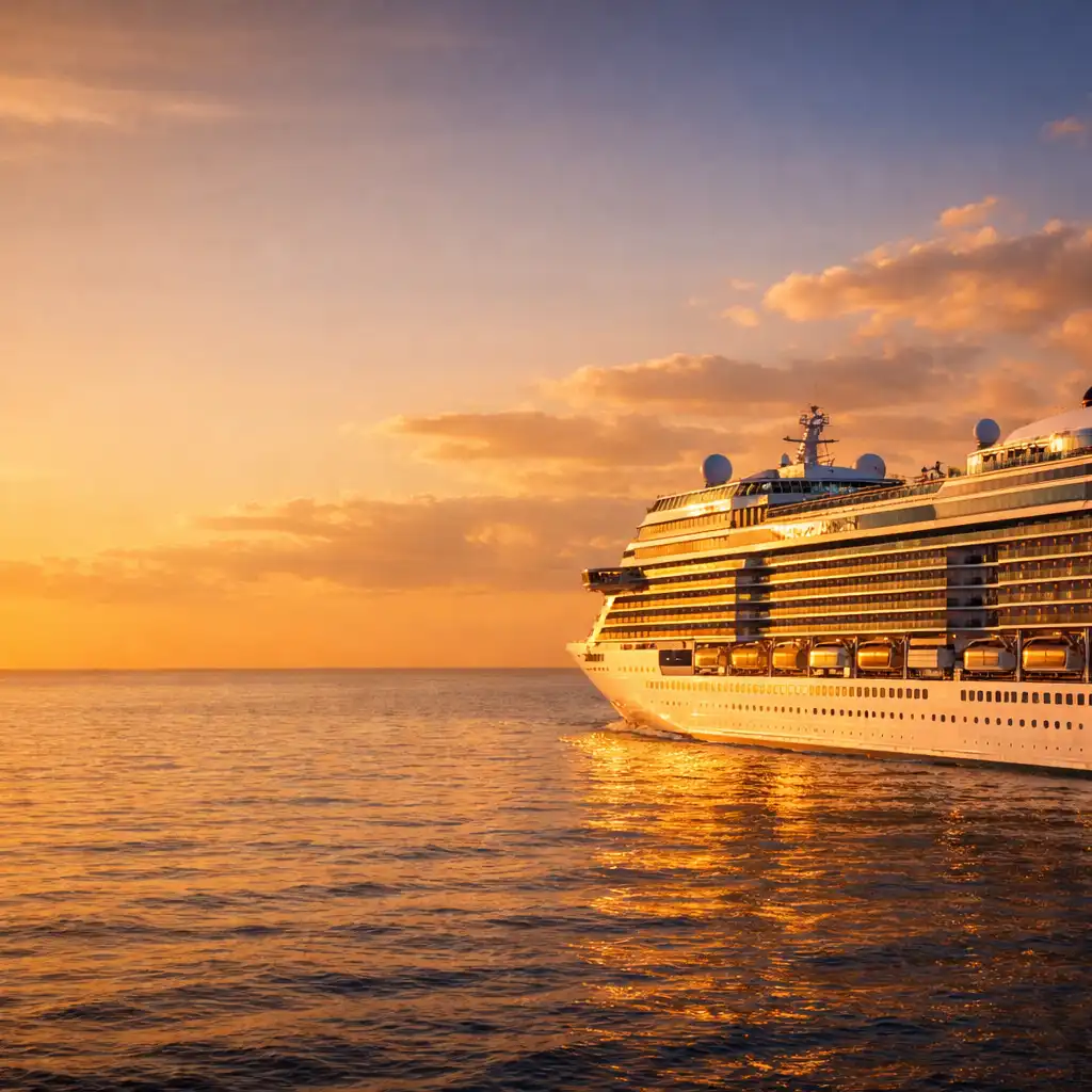 Cruise ship at sea during golden hour with warm sunlight on the water