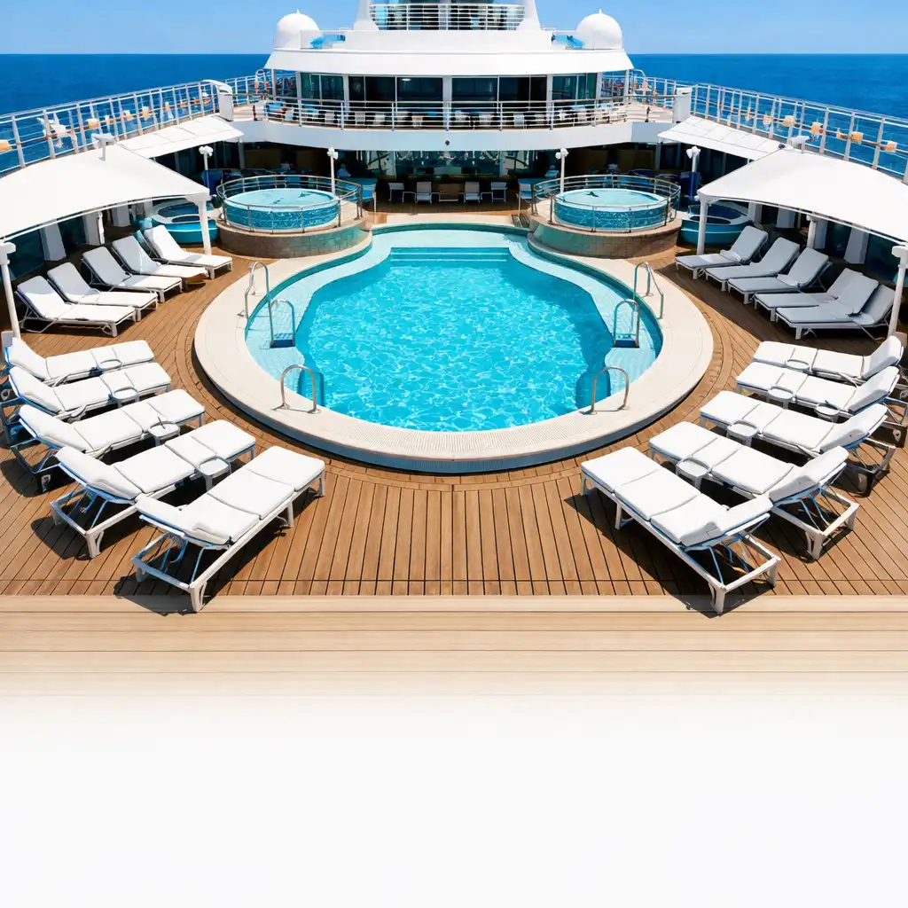 Close-up of a cruise ship upper deck with pool area and lounge chairs