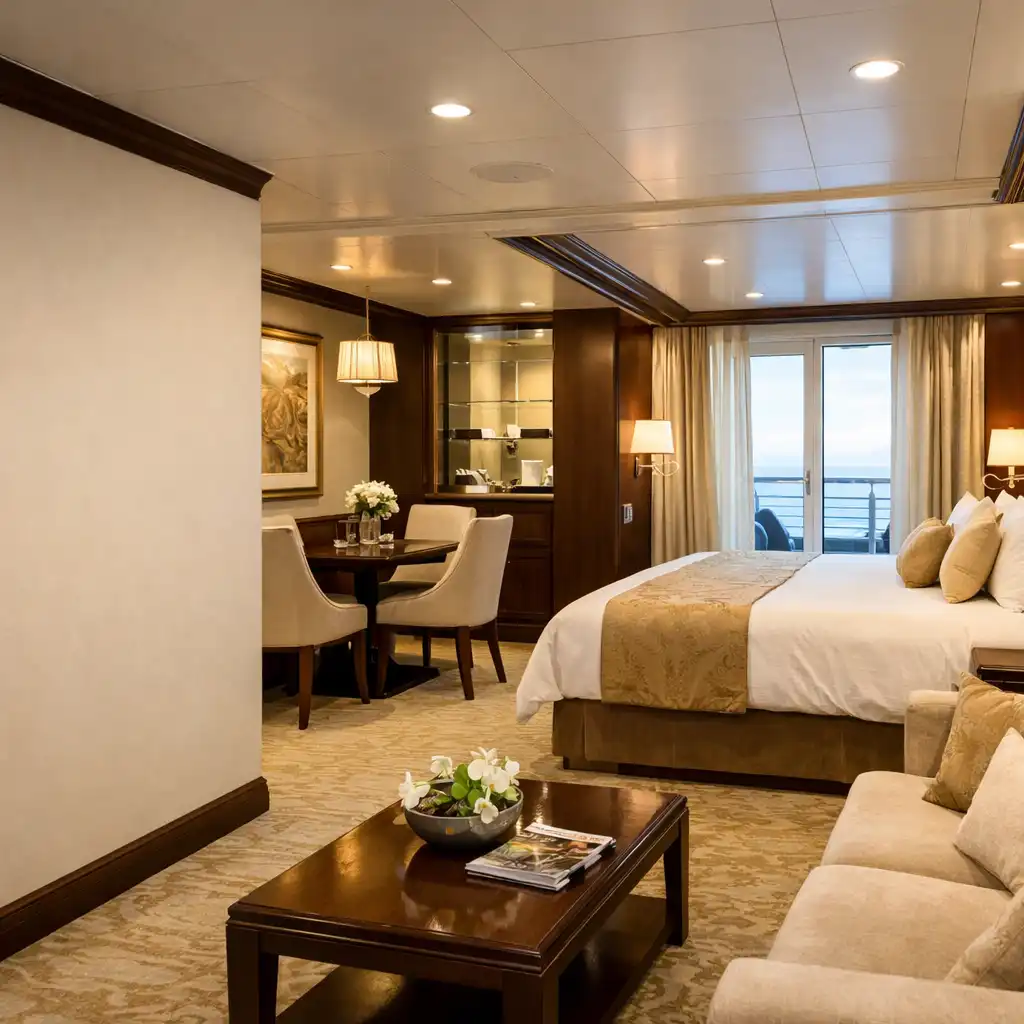 Spacious cruise ship suite with separate living area, large bed, and floor-to-ceiling windows